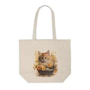 Floral Cat in a Basket Custom Canvas Tote Bag